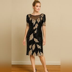 Vintage Elegant Black and Gold Leaf Dress